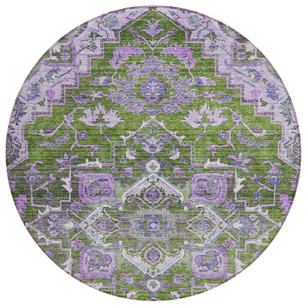HomeRoots 5' Elegant Olive Green and Purple Oriental Washable Area Rug for Indoor and Outdoor Spaces 8' Round 586410