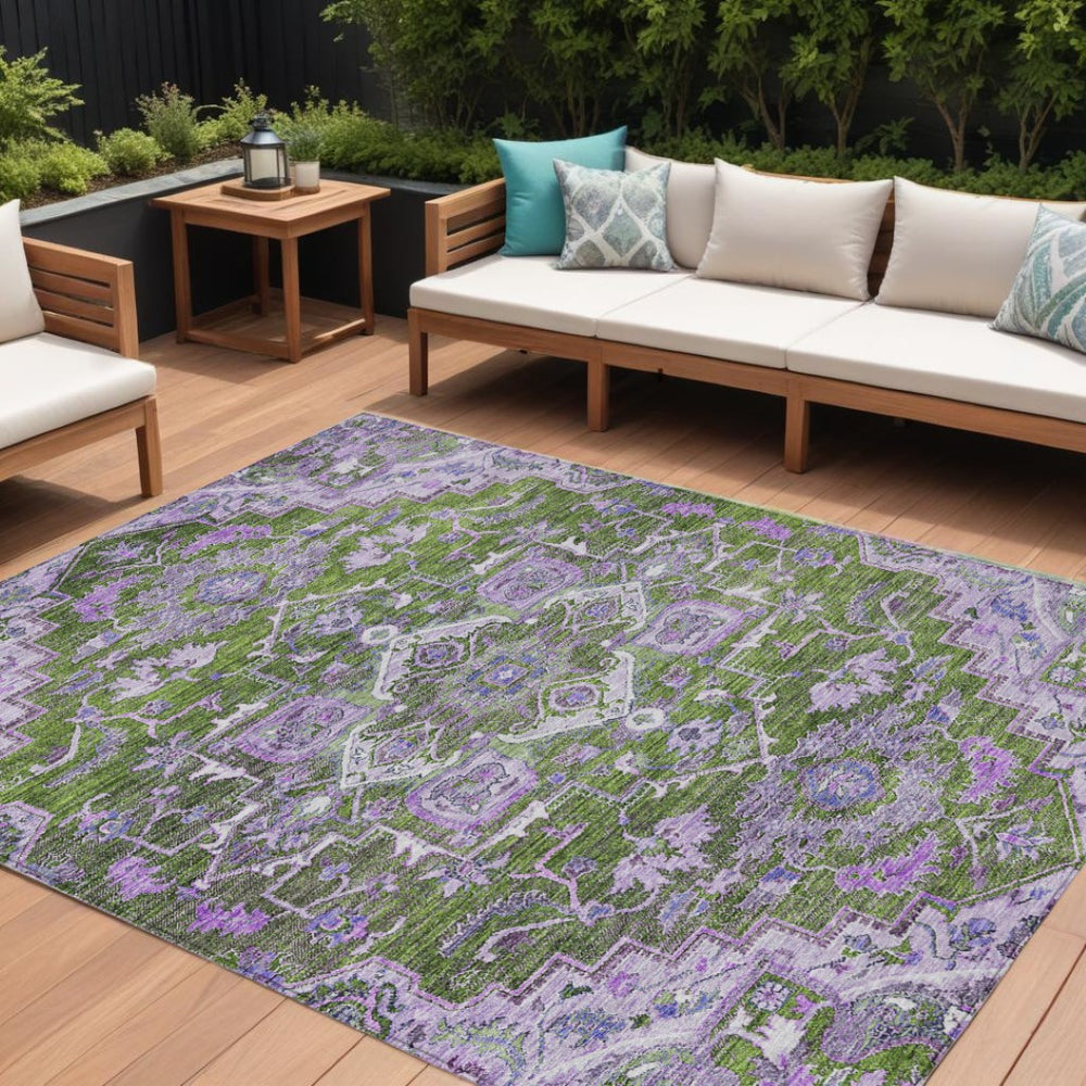 HomeRoots 9' Timeless Olive Green and Purple Oriental Washable Area Rug for Indoor and Outdoor Spaces 9' X 12' 586412