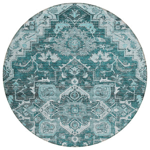 HomeRoots 5' Timeless Oriental Style Washable Indoor Outdoor Area Rug in Teal, Blue, Gray & Charcoal Palette 8' Round 586416