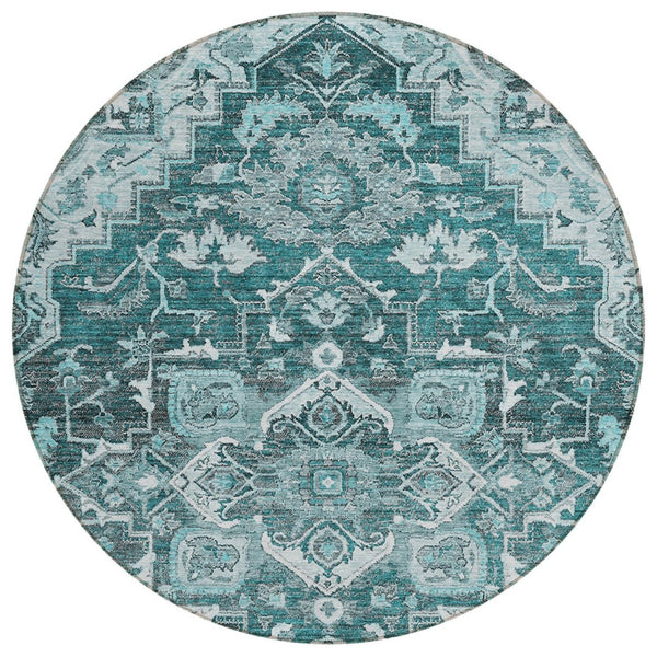 HomeRoots 5' Timeless Oriental Style Washable Indoor Outdoor Area Rug in Teal, Blue, Gray & Charcoal Palette 8' Round 586416