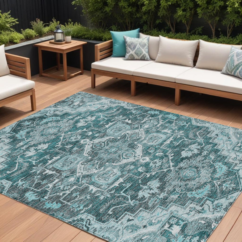 HomeRoots 5' Timeless Oriental Style Washable Indoor Outdoor Area Rug in Teal, Blue, Gray & Charcoal Palette 8' X 10' 586417