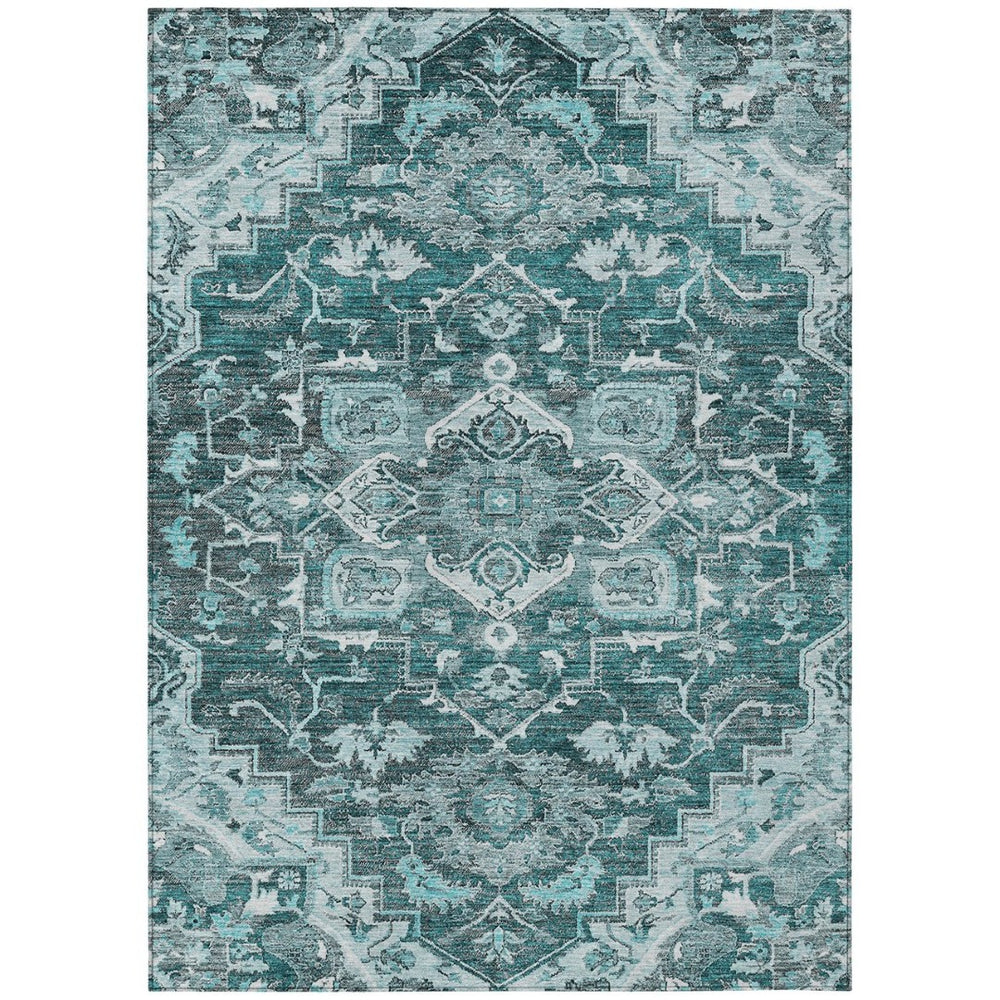 HomeRoots 9' Teal Blue Gray Charcoal Oriental Area Rug – Durable, Machine Washable for Indoor & Outdoor Spaces 9' X 12' 586418