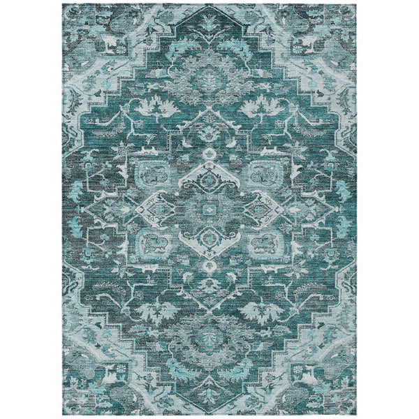 HomeRoots 9' Teal Blue Gray Charcoal Oriental Area Rug – Durable, Machine Washable for Indoor & Outdoor Spaces 9' X 12' 586418