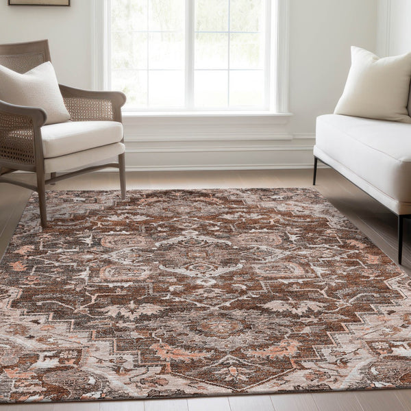 Homeroots 3' Durable Brown Beige Taupe Oriental Washable Area Rug For Indoor And Outdoor Spaces, 36" X 60" 3' X 5' Polyester 586420