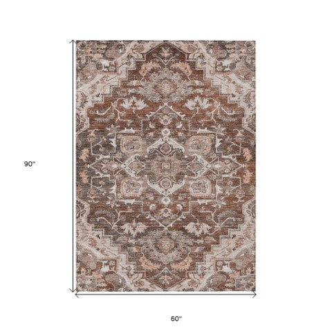 Homeroots 3' Durable Brown Beige Taupe Oriental Washable Area Rug For Indoor And Outdoor Spaces, 36" X 60" 5' X 8' Polyester 586421