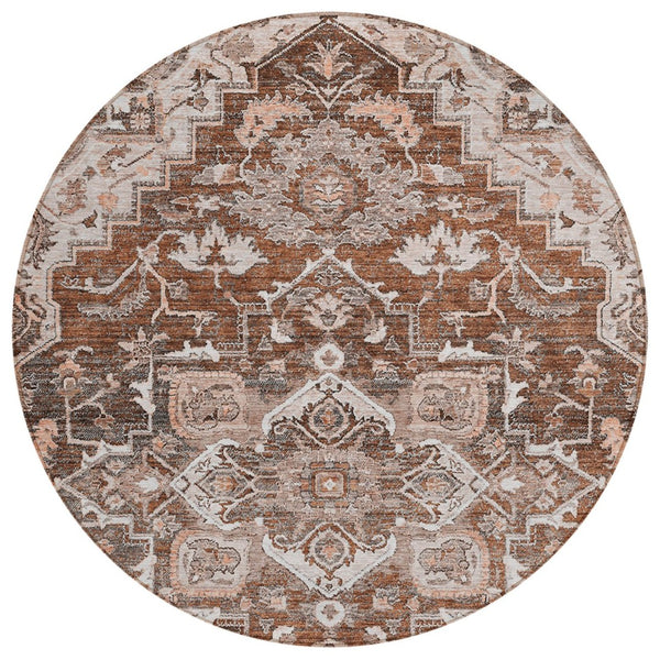 HomeRoots 5' Durable Terra Cotta Brown and Copper Oriental Rug – Stylish, Washable for Indoor or Outdoor Use 8' Round 586422