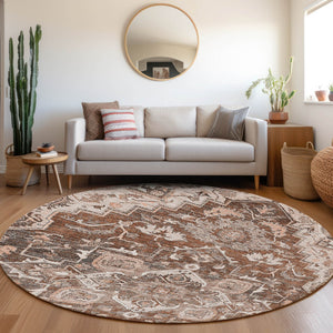 Homeroots 3' Durable Brown Beige Taupe Oriental Washable Area Rug For Indoor And Outdoor Spaces, 36" X 60" 8' Round Polyester 586422