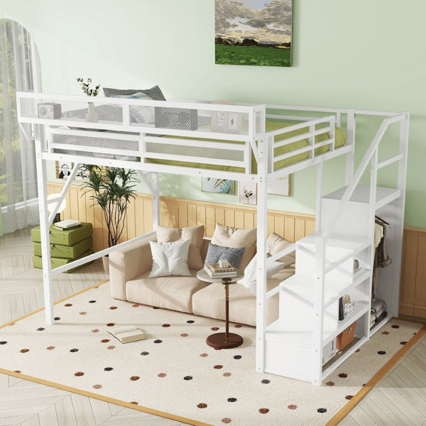 English Elm Queen Size Loft Bed With Stairs & Storage Shelves - Stylish Metal Frame For Kids & Teens, White W2580S00031-GIGA