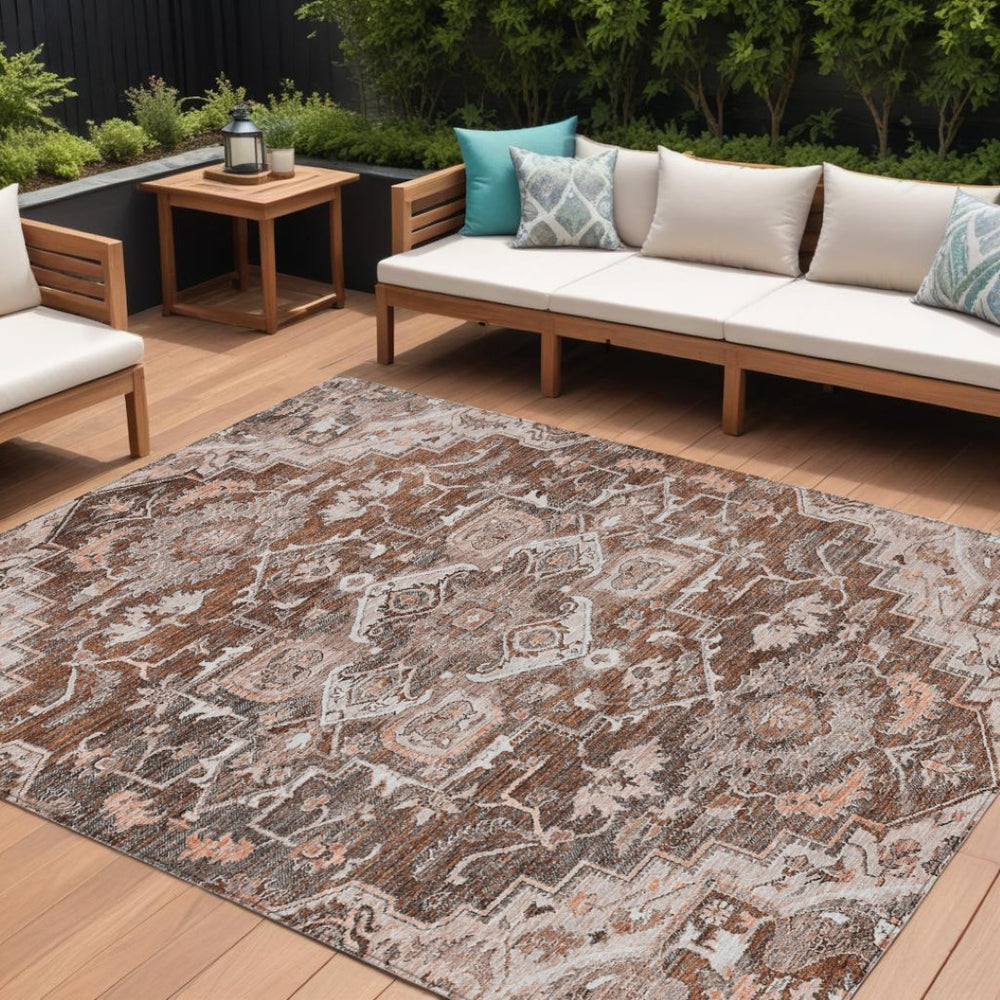 HomeRoots 5' Durable Terra Cotta Brown and Copper Oriental Rug – Stylish, Washable for Indoor or Outdoor Use 8' X 10' 586423