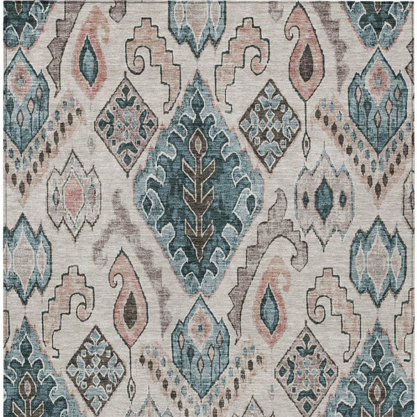 Homeroots 3' Stylish Beige Teal Blue Copper Moroccan Washable Area Rug For Indoor And Outdoor Use 3' X 5' Polyester 586426