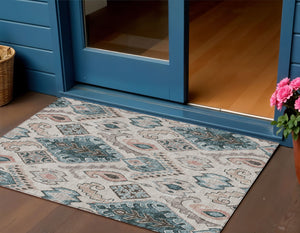 Homeroots 3' Stylish Beige Teal Blue Copper Moroccan Washable Area Rug For Indoor And Outdoor Use 3' X 5' Polyester 586426