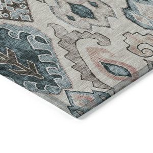 Homeroots 3' Stylish Beige Teal Blue Copper Moroccan Washable Area Rug For Indoor And Outdoor Use 3' X 5' Polyester 586426
