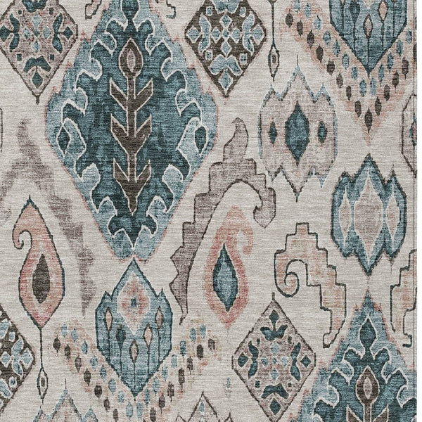 Homeroots 3' Stylish Beige Teal Blue Copper Moroccan Washable Area Rug For Indoor And Outdoor Use 3' X 5' Polyester 586426