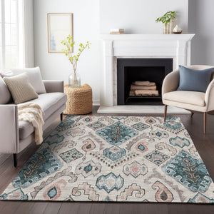 Homeroots 3' Stylish Beige Teal Blue Copper Moroccan Washable Area Rug For Indoor And Outdoor Use 3' X 5' Polyester 586426