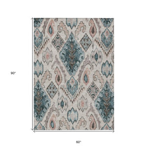 Homeroots 3' Stylish Beige Teal Blue Copper Moroccan Washable Area Rug For Indoor And Outdoor Use 5' X 8' Polyester 586427