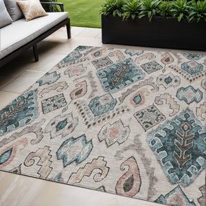 Homeroots 3' Stylish Beige Teal Blue Copper Moroccan Washable Area Rug For Indoor And Outdoor Use 5' X 8' Polyester 586427