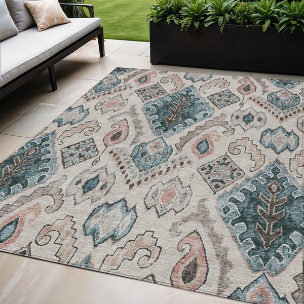 Homeroots 3' Stylish Beige Teal Blue Copper Moroccan Washable Area Rug For Indoor And Outdoor Use 5' X 8' Polyester 586427