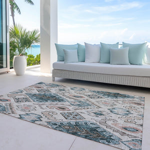 Homeroots 3' Stylish Beige Teal Blue Copper Moroccan Washable Area Rug For Indoor And Outdoor Use 5' X 8' Polyester 586427