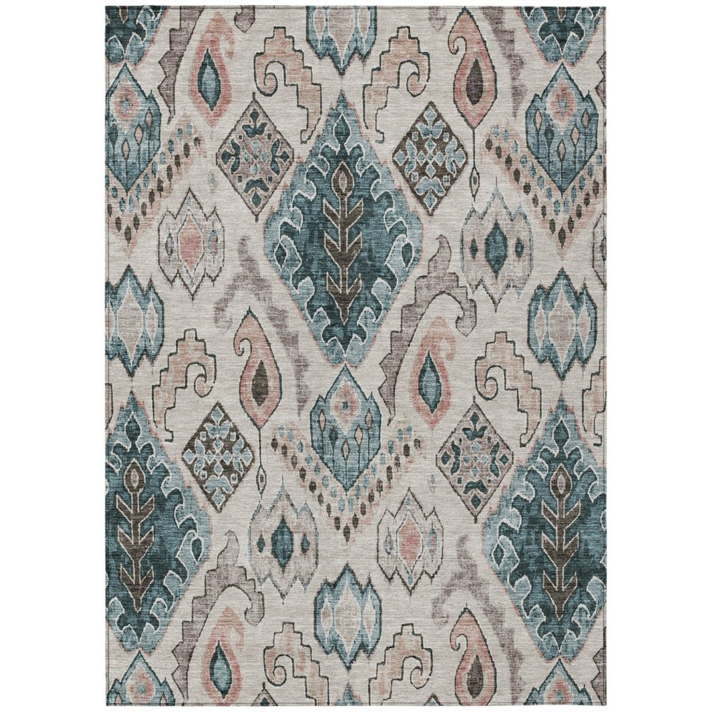 HomeRoots 5' Moroccan-Inspired Area Rug in Beige, Teal Blue & Copper - Durable, Washable for Indoors & Outdoors 5' X 8' 586427