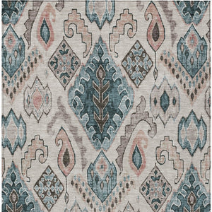 Homeroots 3' Stylish Beige Teal Blue Copper Moroccan Washable Area Rug For Indoor And Outdoor Use 5' X 8' Polyester 586427