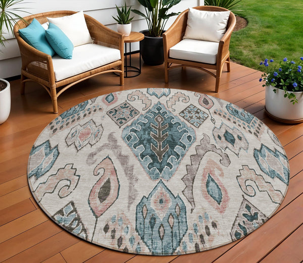 Homeroots 3' Stylish Beige Teal Blue Copper Moroccan Washable Area Rug For Indoor And Outdoor Use 8' Round Polyester 586428