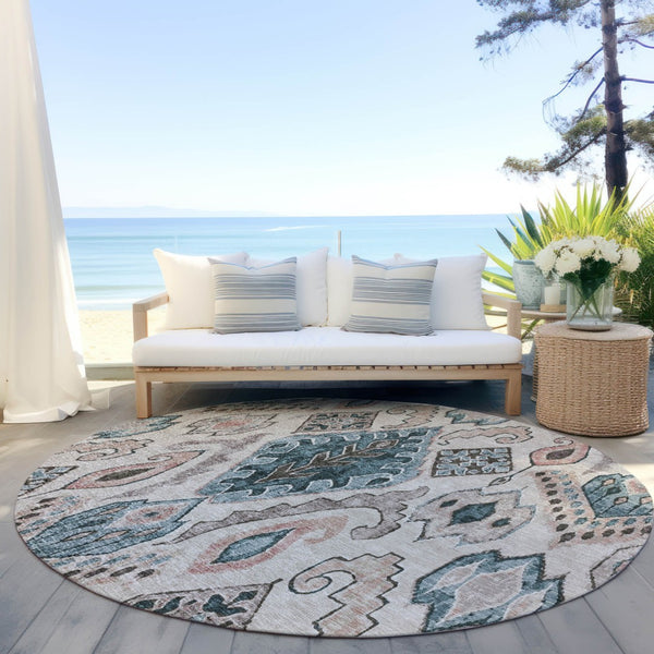 Homeroots 3' Stylish Beige Teal Blue Copper Moroccan Washable Area Rug For Indoor And Outdoor Use 8' Round Polyester 586428