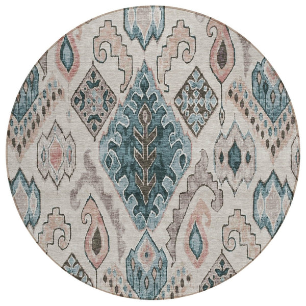HomeRoots 5' Moroccan-Inspired Area Rug in Beige, Teal Blue & Copper - Durable, Washable for Indoors & Outdoors 8' Round 586428