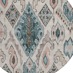Homeroots 3' Stylish Beige Teal Blue Copper Moroccan Washable Area Rug For Indoor And Outdoor Use 8' Round Polyester 586428