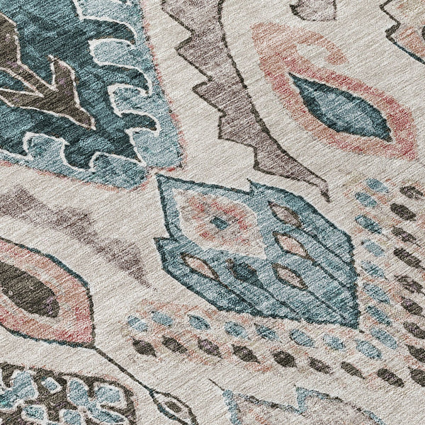 Homeroots 3' Stylish Beige Teal Blue Copper Moroccan Washable Area Rug For Indoor And Outdoor Use 8' Round Polyester 586428