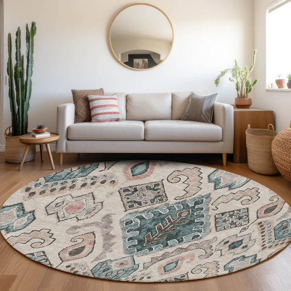 Homeroots 3' Stylish Beige Teal Blue Copper Moroccan Washable Area Rug For Indoor And Outdoor Use 8' Round Polyester 586428