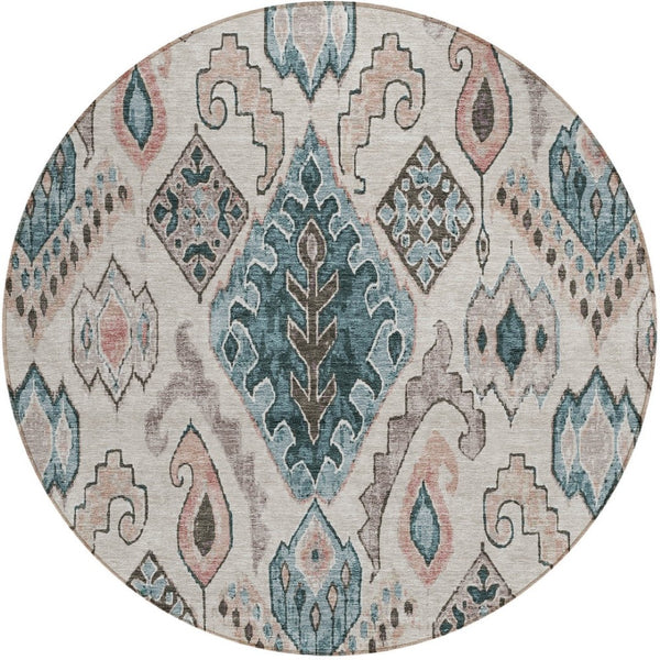 Homeroots 3' Stylish Beige Teal Blue Copper Moroccan Washable Area Rug For Indoor And Outdoor Use 8' Round Polyester 586428
