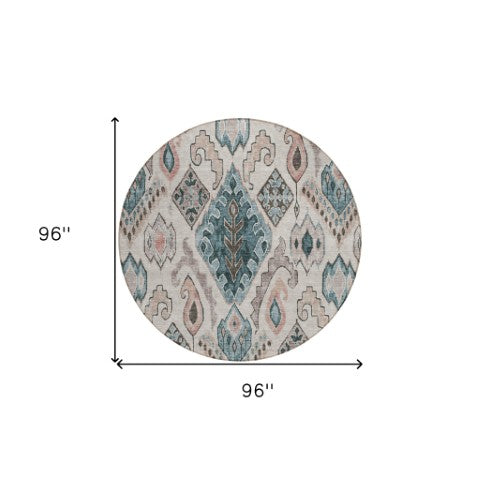 Homeroots 3' Stylish Beige Teal Blue Copper Moroccan Washable Area Rug For Indoor And Outdoor Use 8' Round Polyester 586428