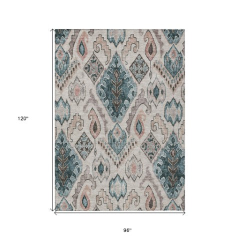 Homeroots 3' Stylish Beige Teal Blue Copper Moroccan Washable Area Rug For Indoor And Outdoor Use 8' X 10' Polyester 586429