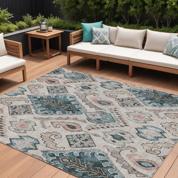 Homeroots 3' Stylish Beige Teal Blue Copper Moroccan Washable Area Rug For Indoor And Outdoor Use 8' X 10' Polyester 586429