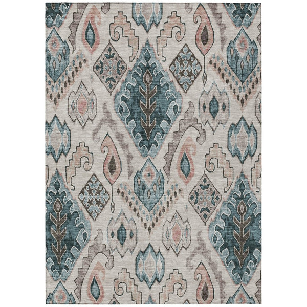 HomeRoots 5' Moroccan-Inspired Area Rug in Beige, Teal Blue & Copper - Durable, Washable for Indoors & Outdoors 8' X 10' 586429