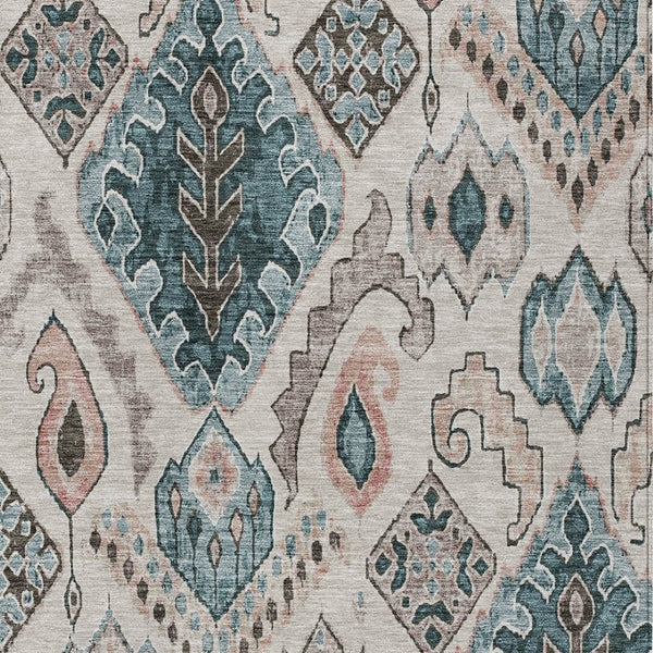 Homeroots 3' Stylish Beige Teal Blue Copper Moroccan Washable Area Rug For Indoor And Outdoor Use 8' X 10' Polyester 586429