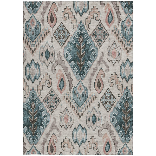 Homeroots 3' Stylish Beige Teal Blue Copper Moroccan Washable Area Rug For Indoor And Outdoor Use 9' X 12' Polyester 586430