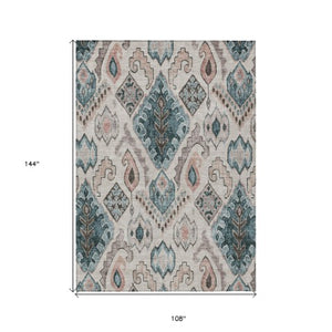 Homeroots 3' Stylish Beige Teal Blue Copper Moroccan Washable Area Rug For Indoor And Outdoor Use 9' X 12' Polyester 586430