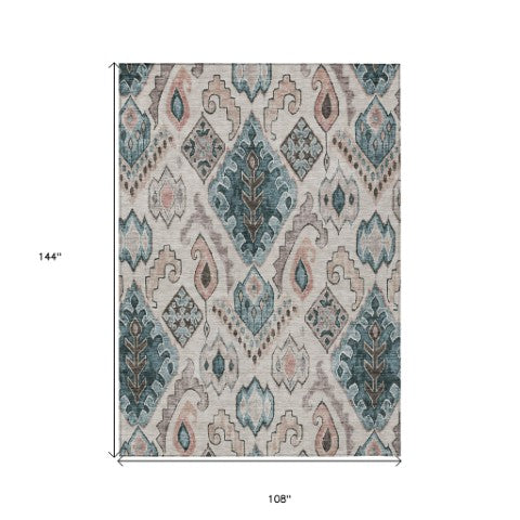 Homeroots 3' Stylish Beige Teal Blue Copper Moroccan Washable Area Rug For Indoor And Outdoor Use 9' X 12' Polyester 586430