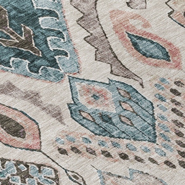 Homeroots 3' Stylish Beige Teal Blue Copper Moroccan Washable Area Rug For Indoor And Outdoor Use 9' X 12' Polyester 586430