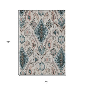 Homeroots 3' Stylish Beige Teal Blue Copper Moroccan Washable Area Rug For Indoor And Outdoor Use 10' X 14' Polyester 586431