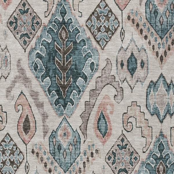 Homeroots 3' Stylish Beige Teal Blue Copper Moroccan Washable Area Rug For Indoor And Outdoor Use 10' X 14' Polyester 586431