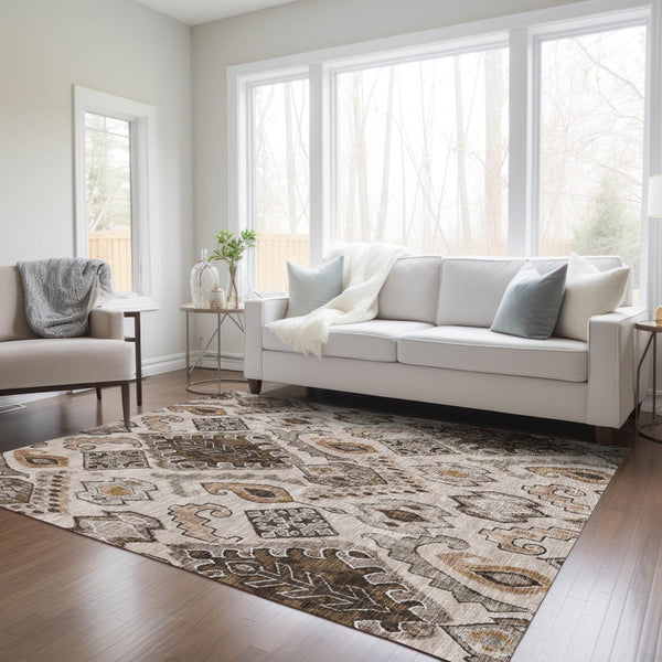 Homeroots 3' Stylish Beige Teal Blue Copper Moroccan Washable Area Rug For Indoor And Outdoor Use 3' X 5' Polyester 586432