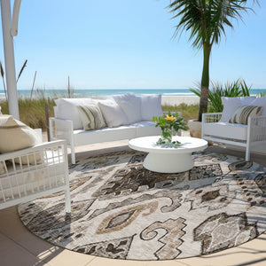 Homeroots 3' Stylish Beige Teal Blue Copper Moroccan Washable Area Rug For Indoor And Outdoor Use 8' Round Polyester 586434