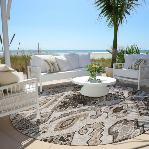 Homeroots 3' Stylish Beige Teal Blue Copper Moroccan Washable Area Rug For Indoor And Outdoor Use 8' Round Polyester 586434