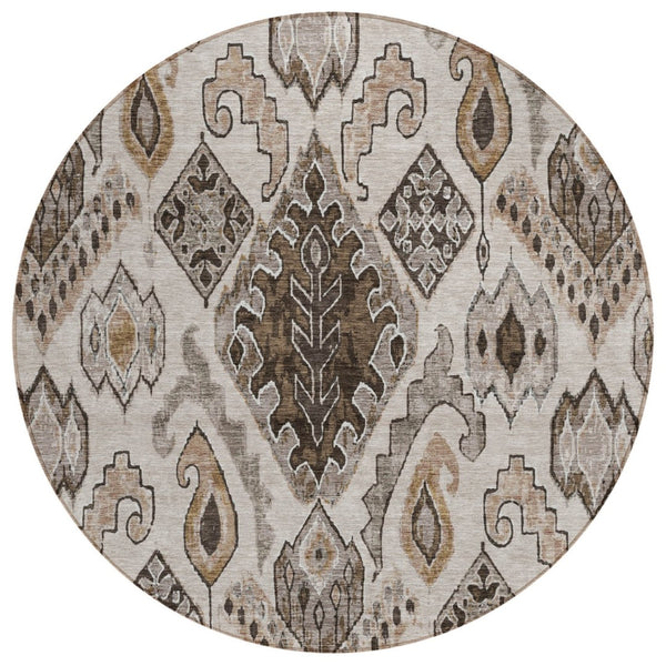 HomeRoots 5' Moroccan-Inspired Washable Area Rug in Brown and Beige – Stylish, Durable for Indoor & Outdoor Use 8' Round 586434