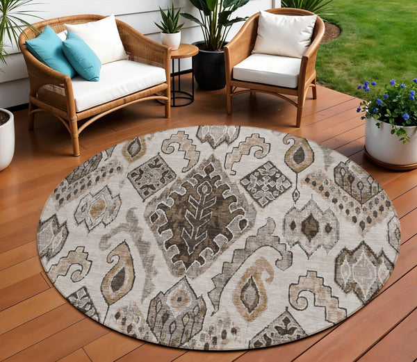 Homeroots 3' Stylish Beige Teal Blue Copper Moroccan Washable Area Rug For Indoor And Outdoor Use 8' Round Polyester 586434