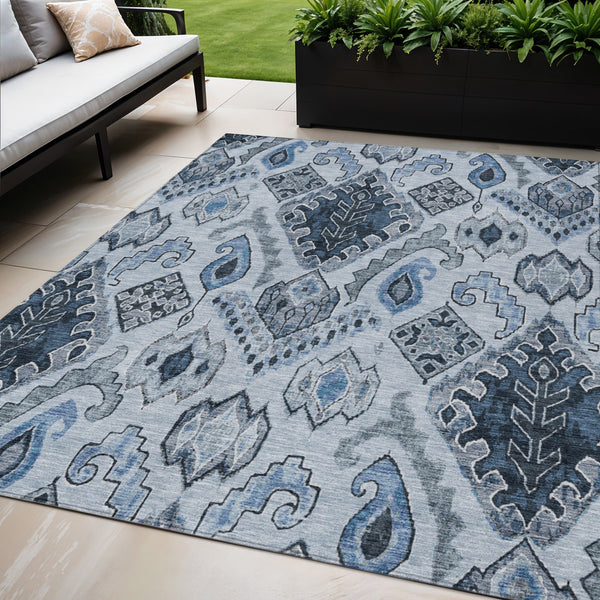 Homeroots 3' Stylish Beige Teal Blue Copper Moroccan Washable Area Rug For Indoor And Outdoor Use 5' X 8' Polyester 586439