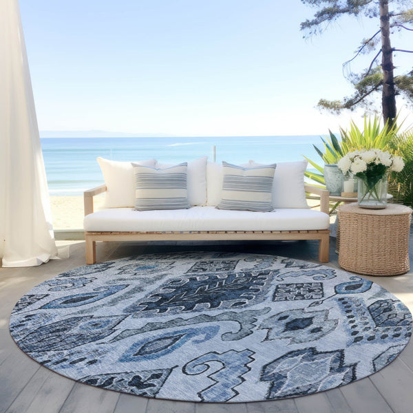 Homeroots 3' Stylish Beige Teal Blue Copper Moroccan Washable Area Rug For Indoor And Outdoor Use 8' Round Polyester 586440