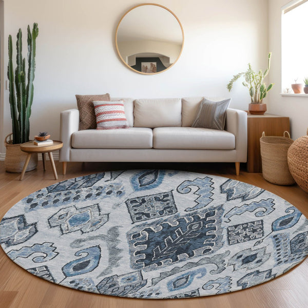 Homeroots 3' Stylish Beige Teal Blue Copper Moroccan Washable Area Rug For Indoor And Outdoor Use 8' Round Polyester 586440